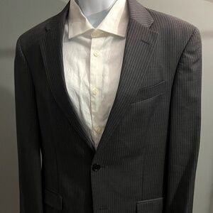 Suit jacket: gray with stripes, worn as a blazer